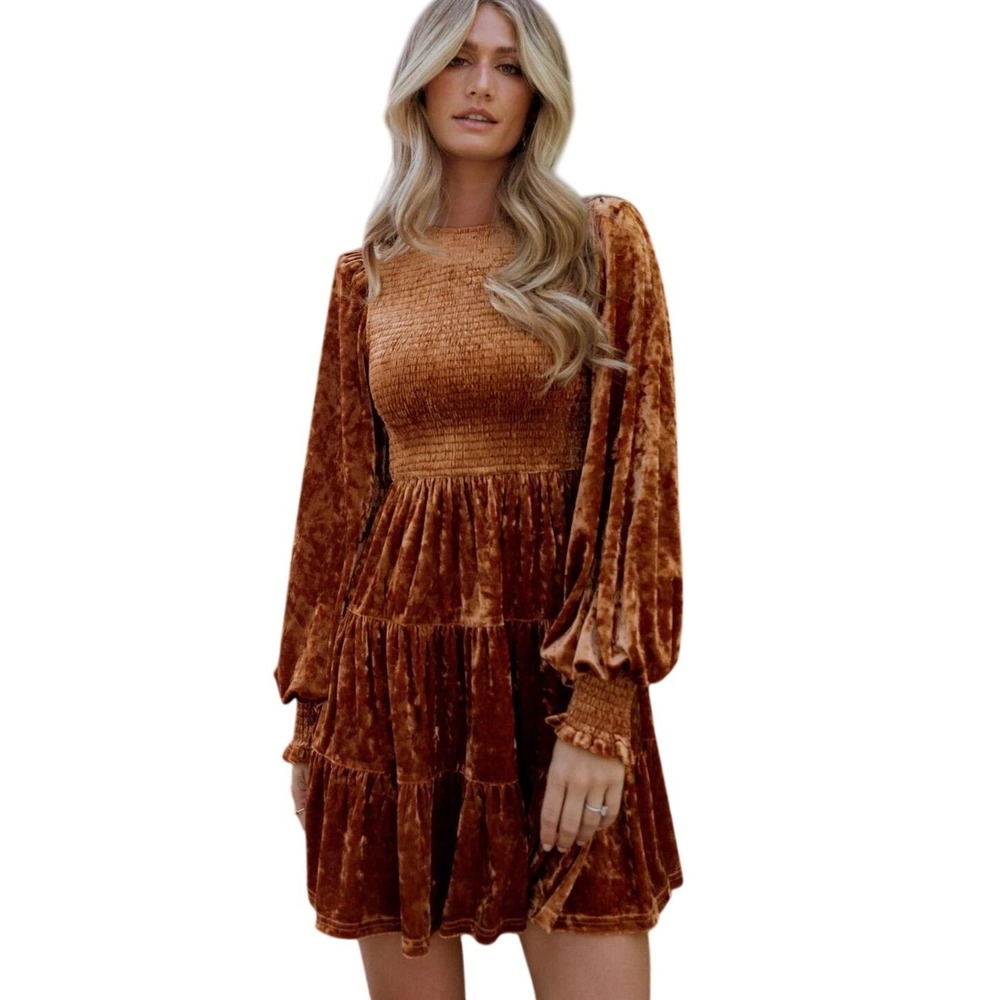 Baltic Born Kele Dress Women L Copper Crushed Velvet Smocked Tiered Boho Autumn